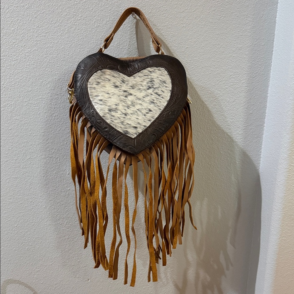 Fringe Heart leather Crossbody Bag in Brown and Cream and cowhide.